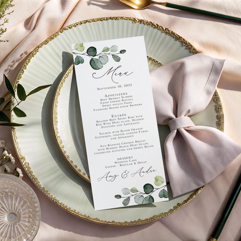 Eucalyptus Wedding Menu Printed printed, reception dinner with greenery and personalized