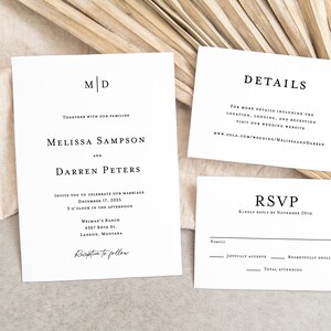 May include: Wedding invitation with a black and white design. The invitation features the couple's names, Melissa Sampson and Darren Peters, the date of the wedding, December 17, 2025, and the location, Welman's Ranch, 4567 84th St., Landon, Montana. The invitation also includes a reception to follow.