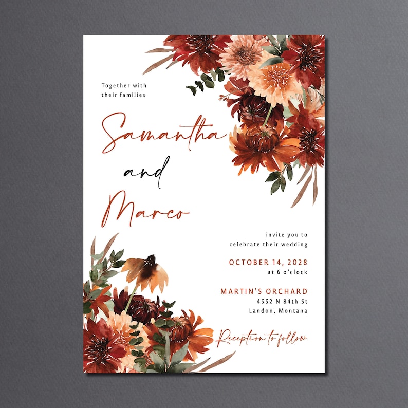 Terracotta Wedding Invitation suite printed: RSVP and details card, fall floral wedding, W130 image 6