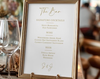 Simple Gold Bar Menu Sign Printed: Signature cocktails, wine and beer, reception decor, WS153