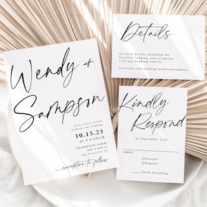 Simple Wedding Invitation Suite Printed: mail in RSVP, details card, black and white