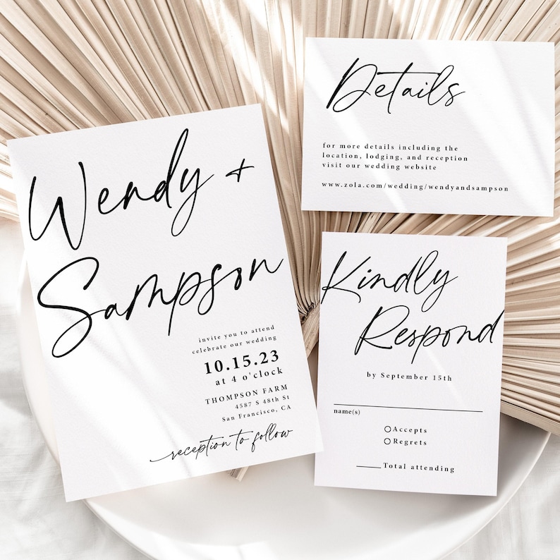 Simple Wedding Invitation Suite Printed: mail in RSVP, details card, black and white