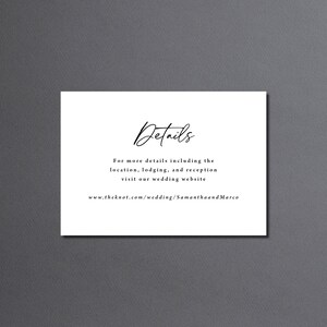 May include: White card with black text that reads "Details" and provides a website address for more information about a wedding. The website address is www.theknot.com/wedding/SamanthaandMarco.