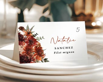 Terracotta Wedding Place Cards, Table Numbers and Meal Choice printed, personalized, fall florals, PC115D