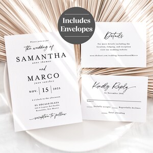 May include: Wedding invitation suite printed on white cardstock with black text. The invitation features the names Samantha and Marco, the date 15th November 2025, and the location El Zocalo Plaza. The RSVP card includes the text "Kindly Reply by 29th November".