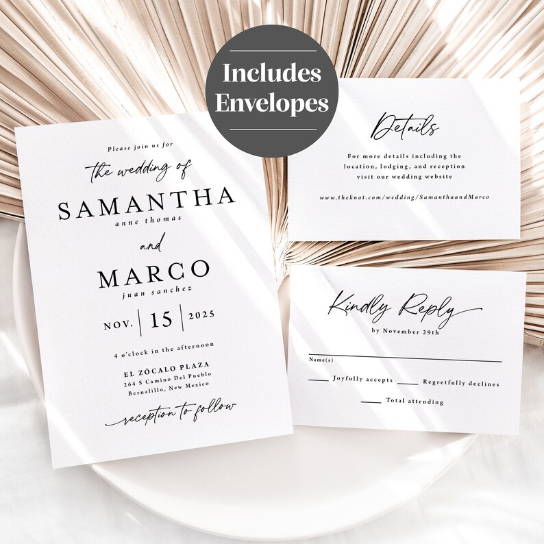May include: Wedding invitation suite printed on white cardstock with black text. The invitation features the names Samantha and Marco, the date 15th November 2025, and the location El Zocalo Plaza. The RSVP card includes the text "Kindly Reply by 29th November".