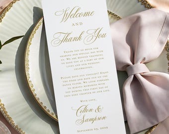 Gold Classic Wedding Table Welcome and Thank You Cards printed: personalized reception decor, T104