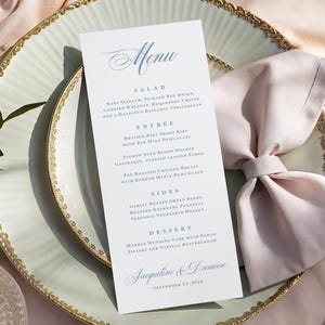 Dusty Blue Wedding Reception Menu Printed: Personalized Rehearsal Dinner, Shower or Party, M104