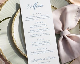 Dusty Blue Wedding Reception Menu Printed: Personalized Rehearsal Dinner, Shower or Party, M104