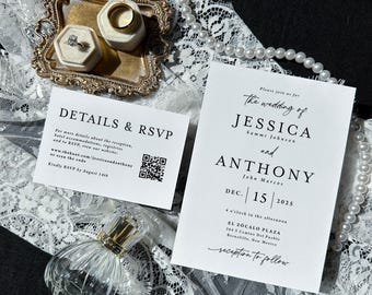 Wedding Invitation with QR code Printed, black and white wedding invite suite, minimal wedding invite, simple wedding invite, W115