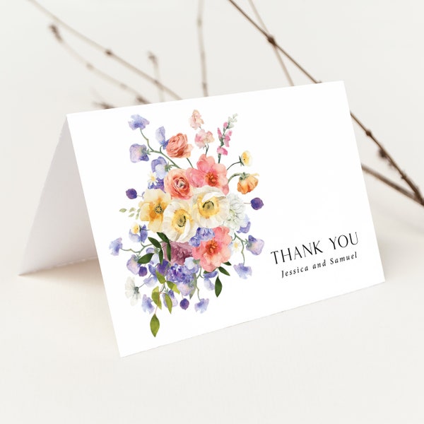 Wildflower Thank You Card Printed, wildflower wedding, wildflower bridal shower, Personalized, with Envelopes, Folded Thank You Card, T122