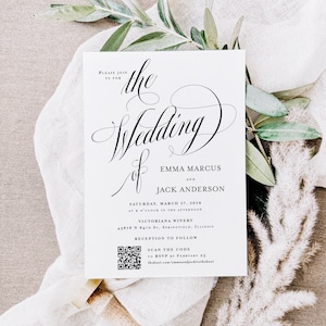 May include: A white wedding invitation with elegant black calligraphy. The text reads "the Wedding of Emma Marcus and Jack Anderson" with the date, time, and location. Includes a QR code for RSVP.