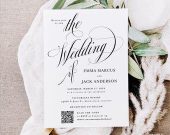 Classic Wedding Invitation QR Code Printed: Black White Calligraphy, RSVP and Details Cards, W252