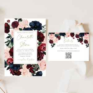 Burgundy and Navy Wedding Invitation with QR code rsvp card printed, includes envelopes, burgundy navy blush, fall wedding, floral, W199