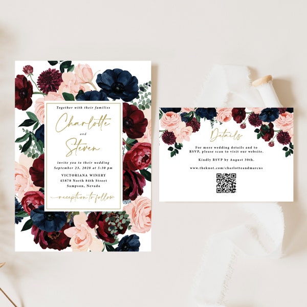 Burgundy and Navy Wedding Invitation with QR code rsvp card printed, includes envelopes, burgundy navy blush, fall wedding, floral, W199