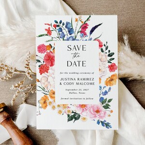Wildflower Save the Date Cards Printed with Envelopes, Spring or Summer Wedding, Bright Floral, S102