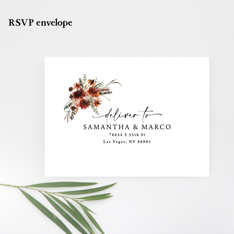 May include: A white envelope with a floral design in shades of red, orange, and brown. The text "deliver to SAMANTHA & MARCO 78654 S 55th St Las Vegas, NV 88901" is printed on the envelope.