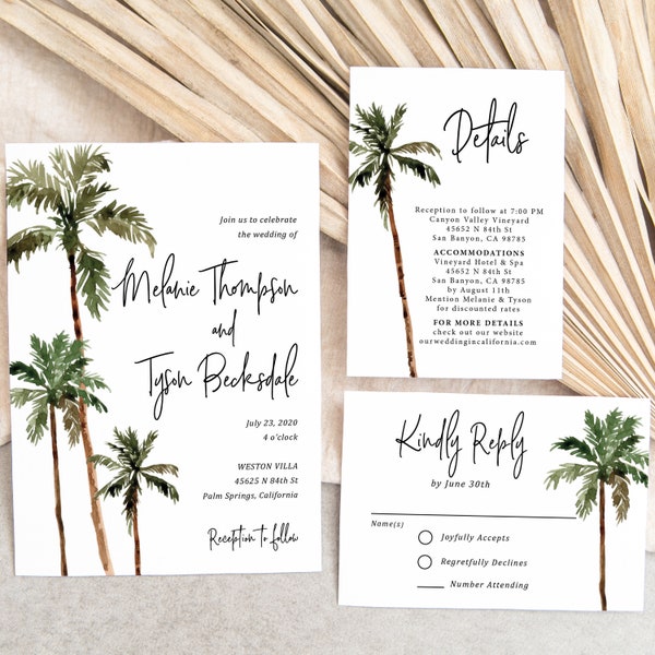 Palm Tree Wedding Invitation Printed, Desert Wedding, watercolor palm tree, invitation suite, invitation set, palm tree, W171