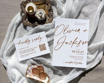 Brown Wedding Invitation Suite with QR code rsvp Printed: details card, envelopes included W281