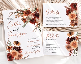 Terracotta Wedding Invitation printed, floral wedding, rust wedding invitation, boho invitation suite, with envelopes, burnt orange, W130