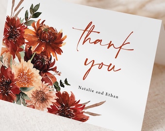 Fall Wedding Thank You Card Printed, with Envelopes, terracotta Folded and names personalized, T114