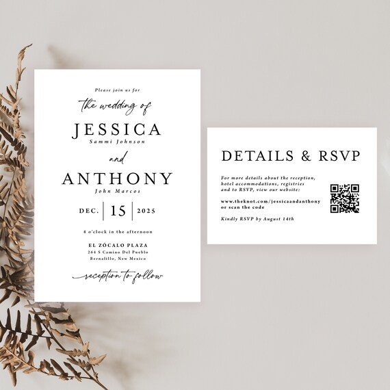 Wedding Invitation with QR code, Printed, black and white wedding