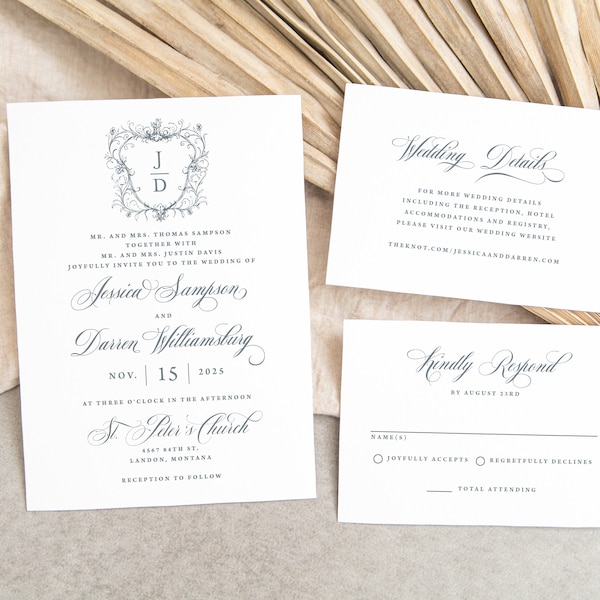 Monogram Wedding Invitation Suite Printed, RSVP card, wedding details card, calligraphy , wedding crest, traditional, classic, parents, W120