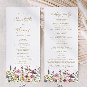 Wildflower Wedding Program Printed: church order of ceremony, 4x9 inches, wedding party P107