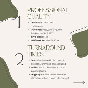 a list of details about a professional quality service, including the types of products and services offered, such as card stock, envelopes, invite sizes, and turnaround times.