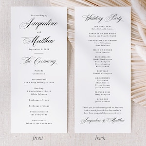 May include: A white wedding program card with black text. The front displays the names Jacqueline and Matthew, the date September 9, 2028, and the ceremony order. The back lists the wedding party members and a thank you message to guests.