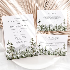 Mountain Wedding Invitation Suite Printed, Colorado, rustic wedding, green invites, woodland wedding, pine trees, forest, W192