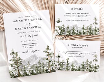 Mountain Wedding Invitation Suite Printed, Colorado forest pine trees, RSVP and details card, W192