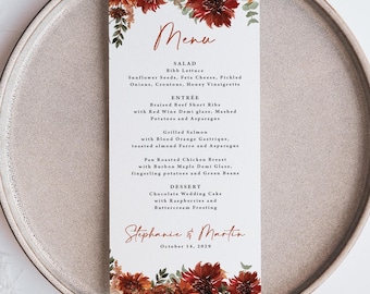 Terracotta Fall Wedding Menu Printed, dinner menu cards, rust burnt orange floral reception, M107