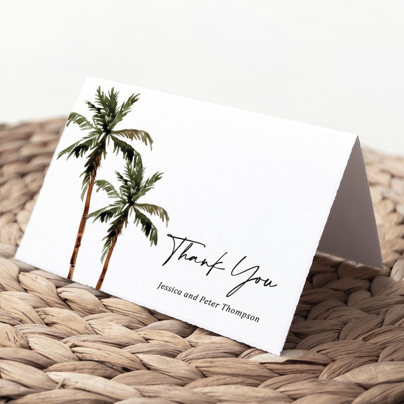 Palm Tree Wedding Thank You Card Printed, Folded with Envelopes, tropical destination, T123 image 5