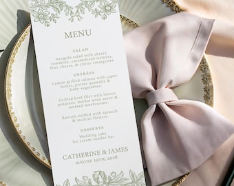 Sage Green Floral Wedding Menu printed: spring and summer reception or rehearsal dinner M150