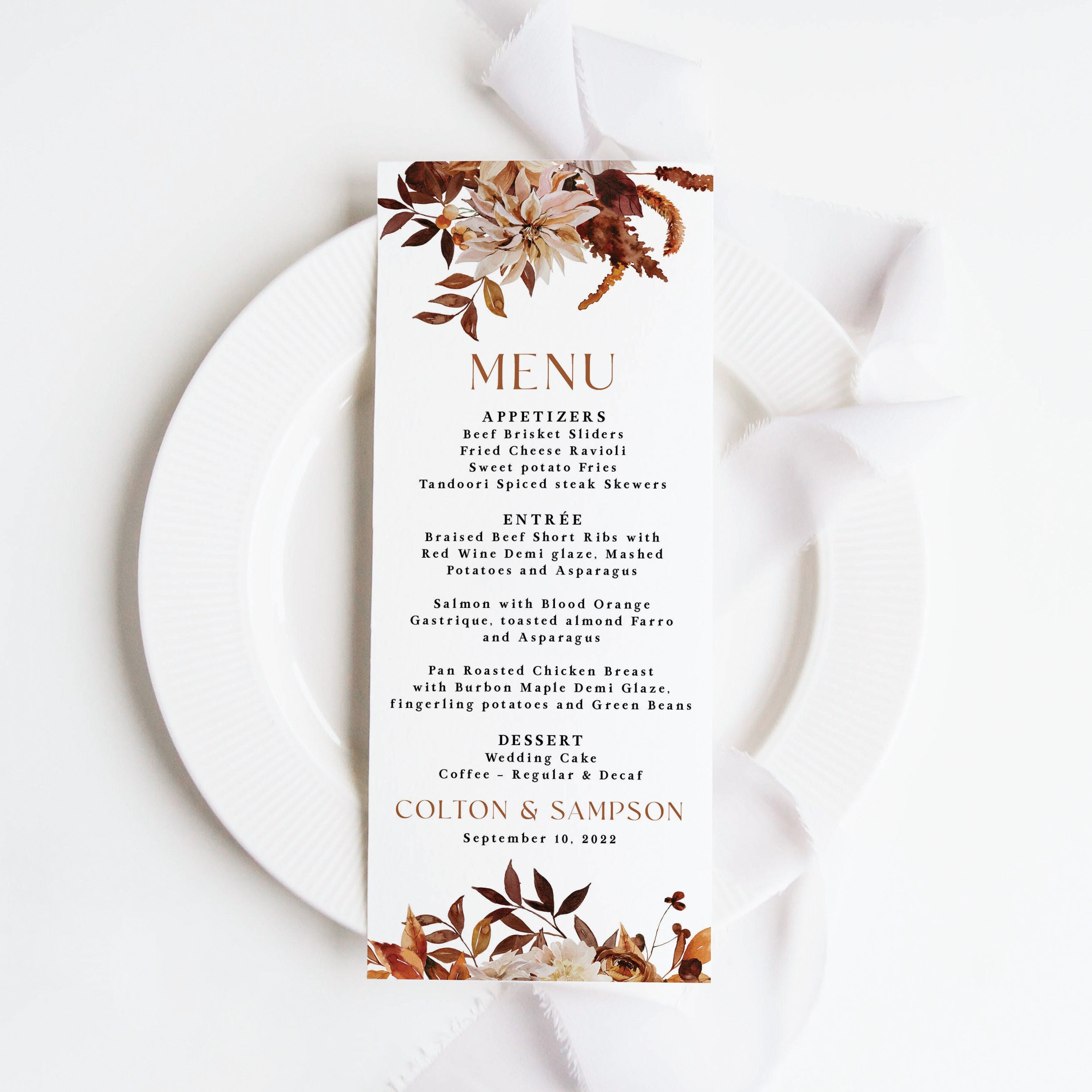 Fall Wedding Menu Printed Printed Menu Cards Dinner Menu