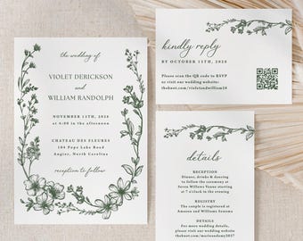 Dark Green Floral Wedding Invitation Suite Printed: RSVP Details Card, Fall Winter, W105