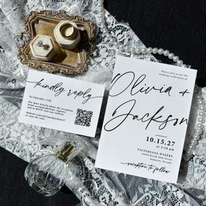 Simple Wedding Invitation QR Suite Printed: Modern Minimalist Black White, RSVP Details Cards, W111