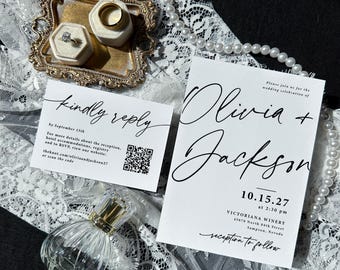 Simple Wedding Invitation QR Suite Printed: Modern Minimalist Black White, RSVP Details Cards, W111