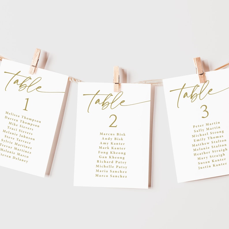 Pu&ograve; includere: Tre segnaposto bianchi con calligrafia dorata, appesi a una corda con mollette di legno. Le carte mostrano la parola "Table" e un numero, pi&ugrave; i nomi degli ospiti. Ideali per matrimoni o eventi.