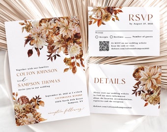 Fall Wedding Invitation Suite Printed, RSVP card, wedding details card, qr code rsvp, rustic, boho wedding, autumn, fall flowers, W195