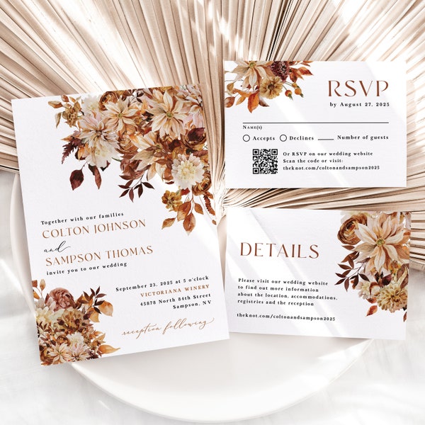 Fall Wedding Invitation Suite Printed, RSVP card, wedding details card, qr code rsvp, rustic, boho wedding, autumn, fall flowers, W195