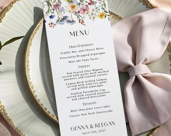 Wildflower Wedding Menu printed personalized: spring or summer reception, floral rehearsal dinner, M128