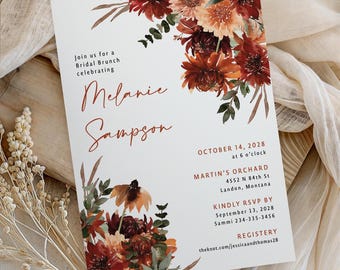 May include: A white rectangular bridal brunch invitation card featuring watercolor floral illustrations in shades of deep red, orange, and brown. The text includes the names Melanie Sampson, the date October 14, 2028, and event details.