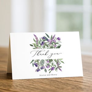 Purple Floral Thank You Card Printed and Personalized: Wedding or Bridal Shower