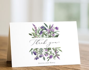 Purple Floral Thank You Card Printed and Personalized: Wedding or Bridal Shower, T118