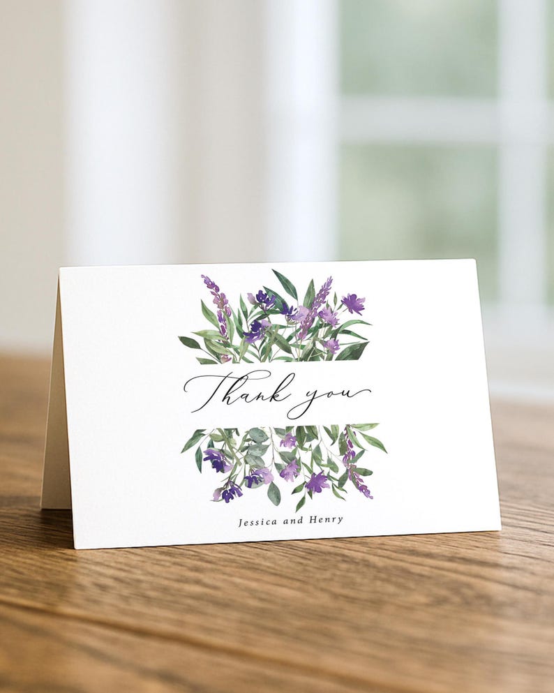 Purple Floral Thank You Card Printed and Personalized: Wedding or Bridal Shower