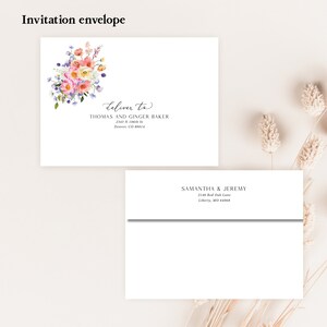 May include: A white invitation envelope with a floral design and the text "Deliver to" followed by the recipient's name and address. The return address is on the back of the envelope and reads "Samantha & Jeremy" followed by their address.
