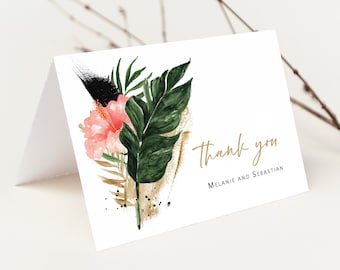 Hawaii Wedding Thank You Card Printed, with Envelopes, Folded Card, pink tropical thank you, destination wedding, T127