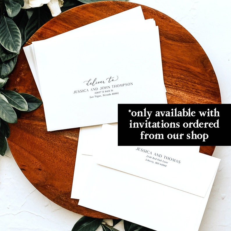 May include: White envelopes with black calligraphy for wedding invitations. The text on the envelopes reads "deliver to Jessica and John Thompson" and "Jessica and Thomas". The text "*only available with invitations ordered from our shop" is written in black on a white background.